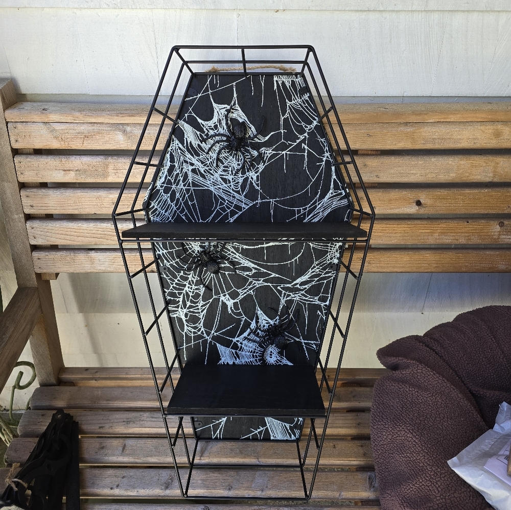 Black Coffin-Casket Shaped Shelf with Spider Web Wall Table Wooden - Picture 3 of 6